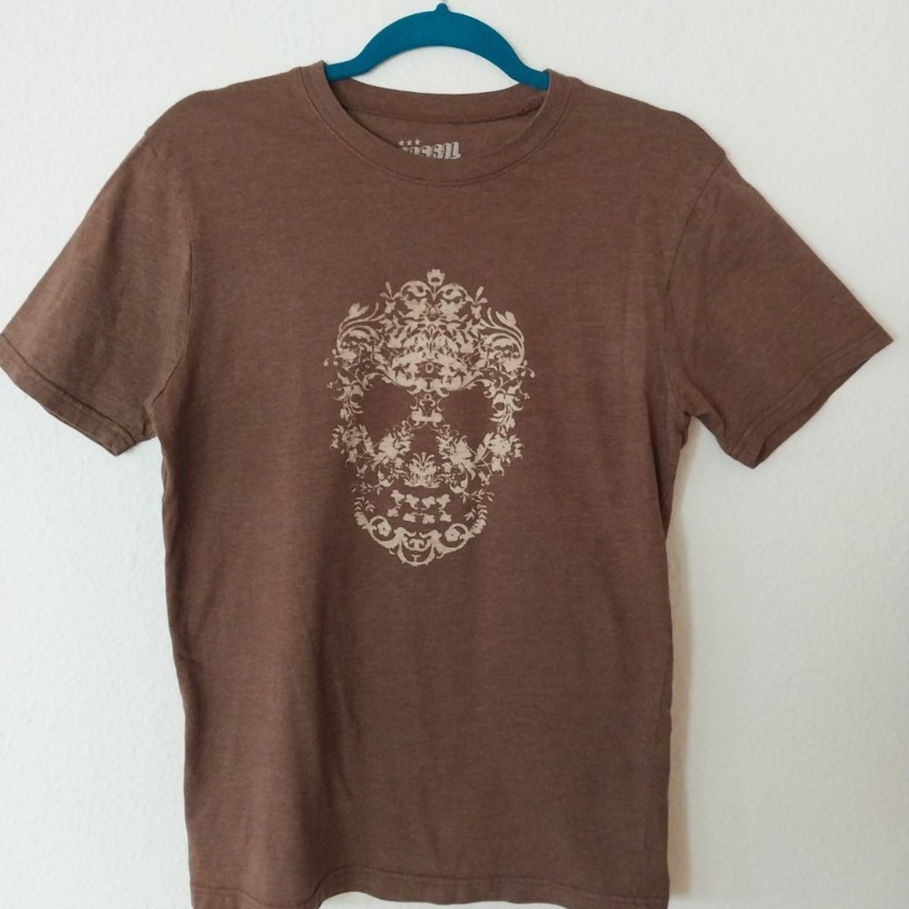 Fossil Vintage Y2K Brown & White Floral Skull Graphic T-Shirt